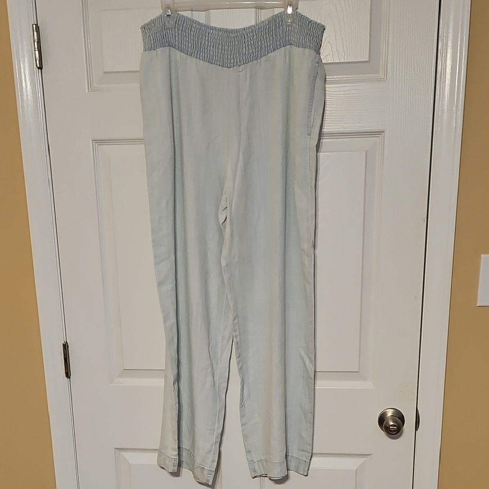 For The Republic Sky Blue Smocked Flowy Wide-leg Tencel Pants